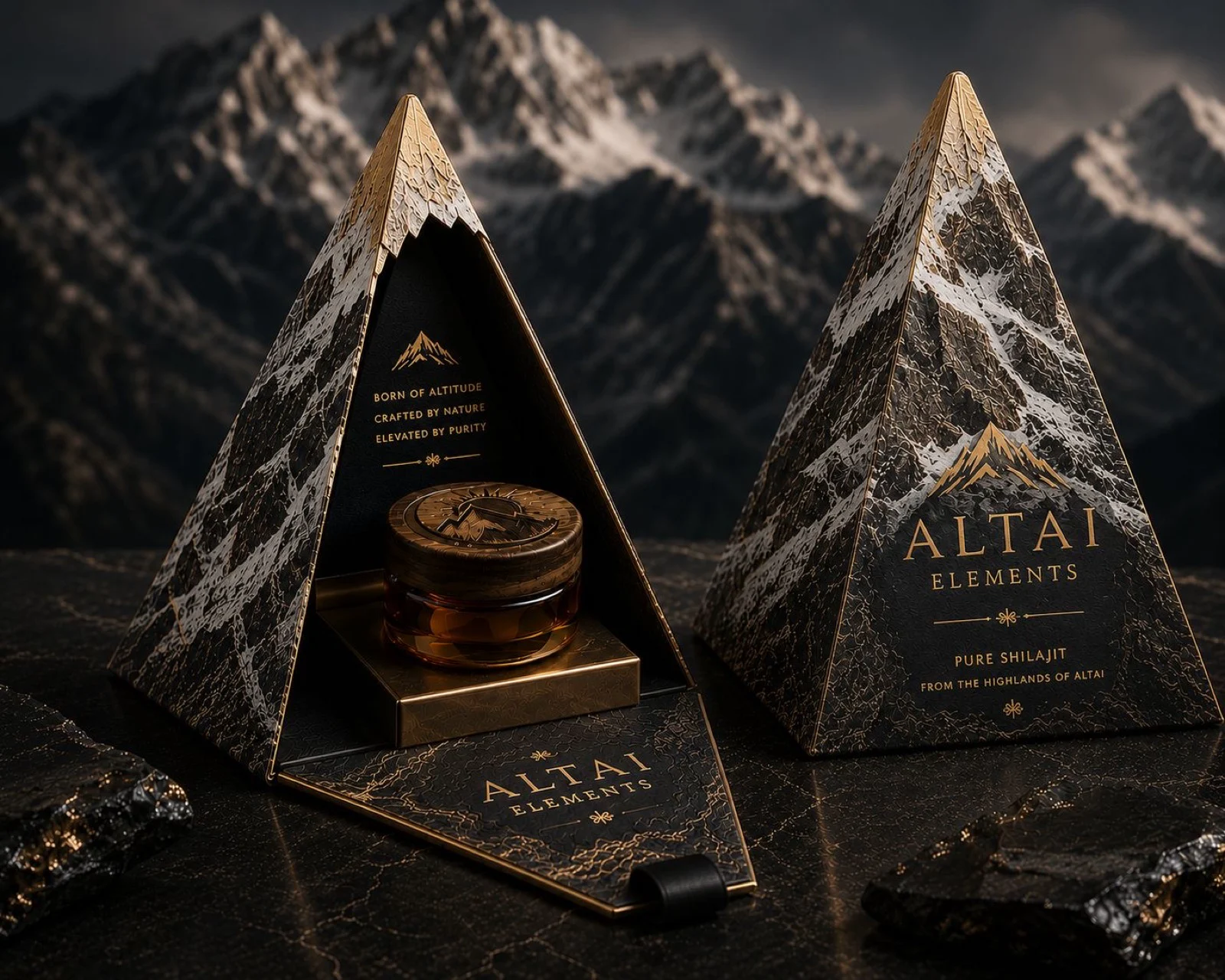 Altai Elements black marble pyramid packaging with the amber jar