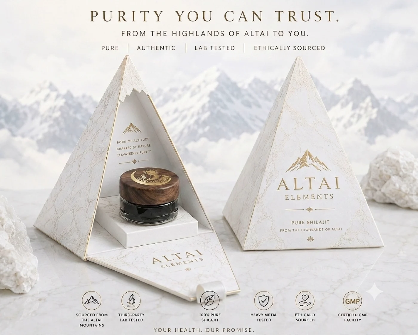 Altai Elements packaging with lab-tested trust seals